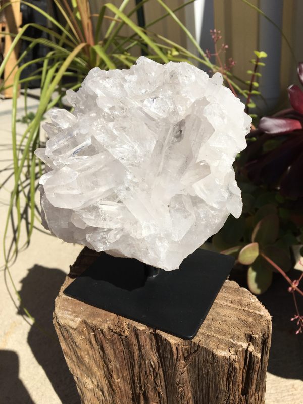 CRYSTALS ON STANDS clear quartz cluster on metal stand individually priced