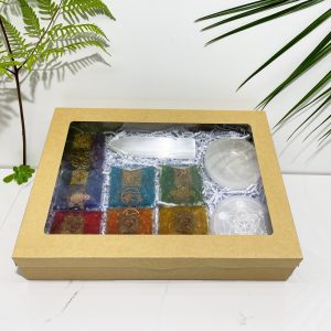 Chakra Pyramid Box Set Large Dyed Quartz Orgonite 7pc and Selenite Products